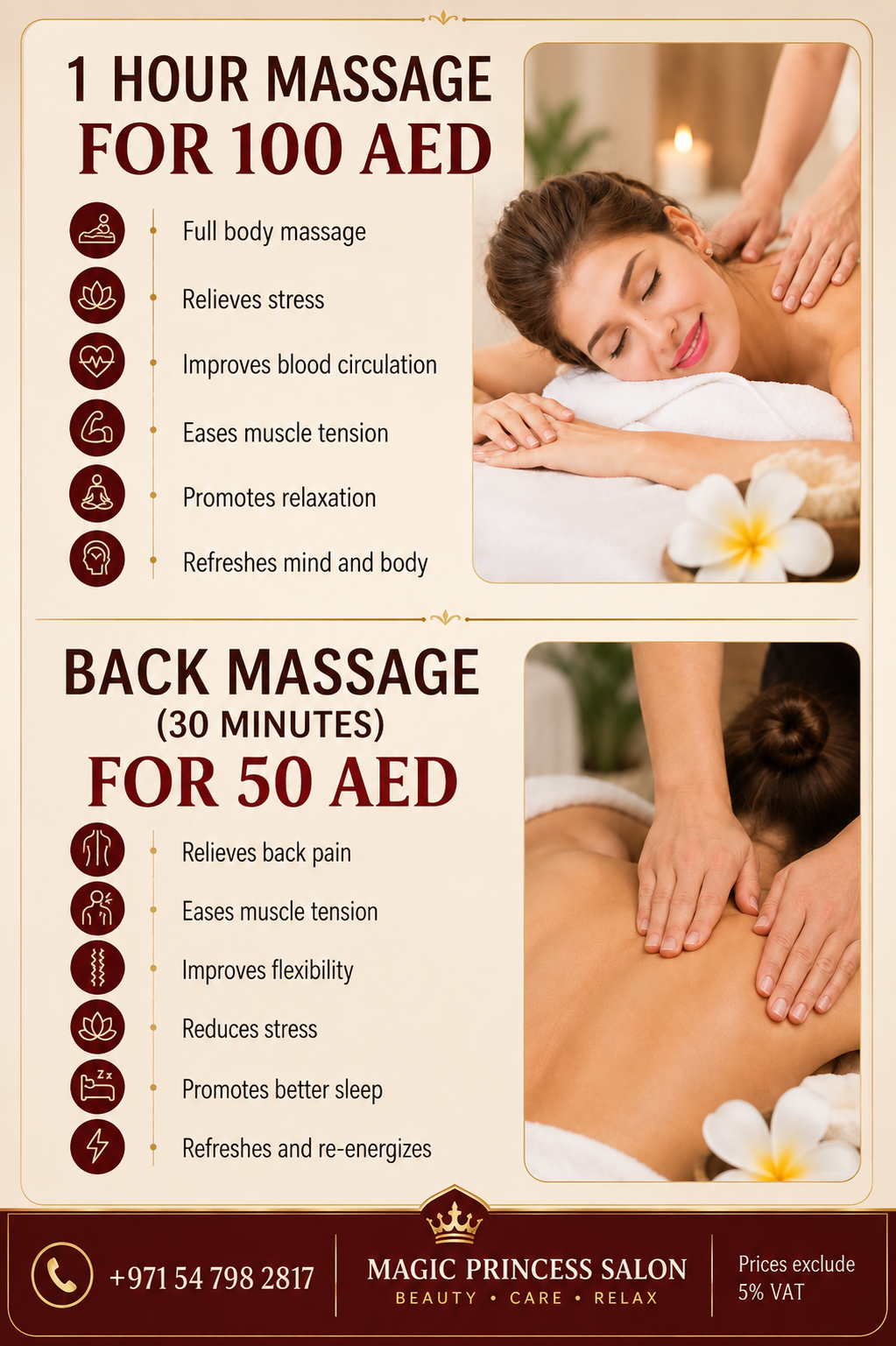 Massage offer: one hour massage for AED 100 and 30-minute back massage for AED 50