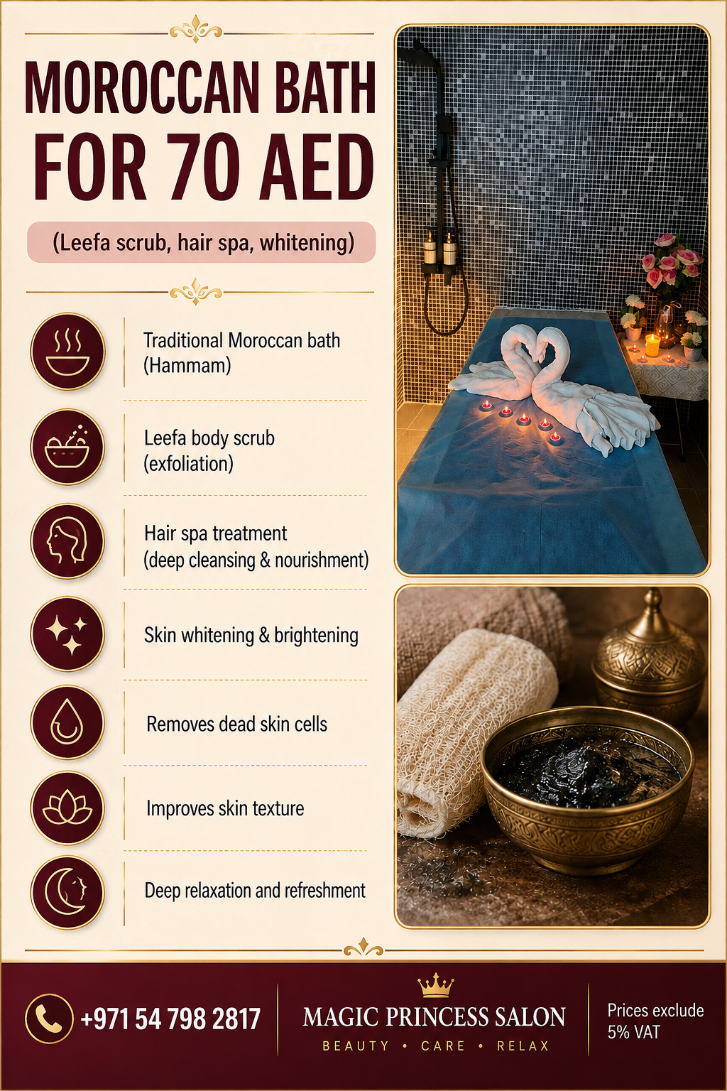 Moroccan bath offer for AED 70 including Leefa scrub, hair spa and whitening