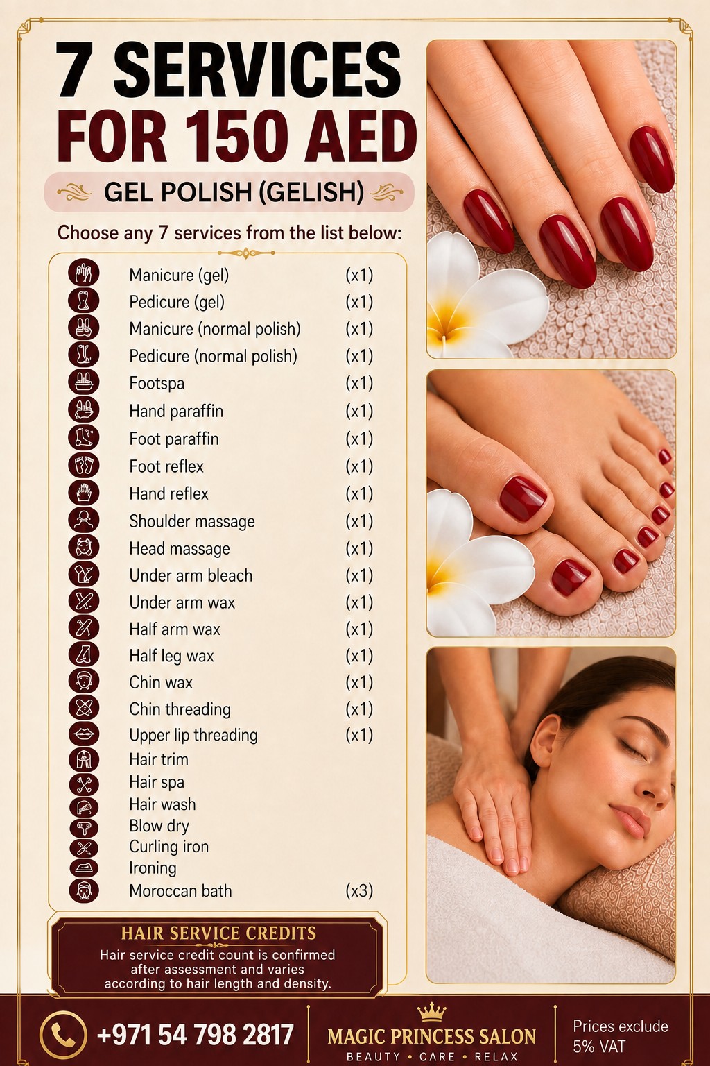 Choose seven services with gel polish for AED 150; hair service credits vary by hair length and density
