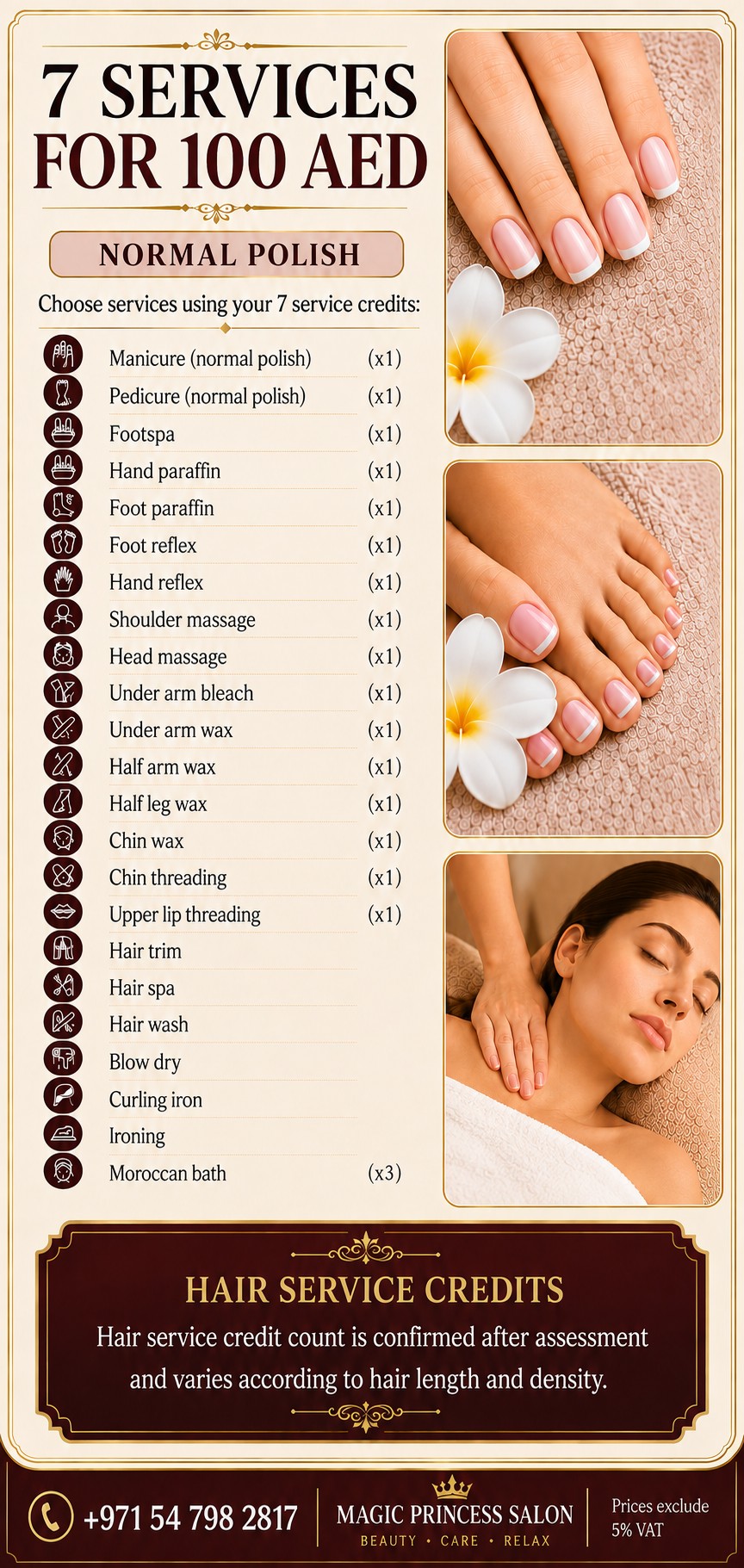 Choose seven services with normal polish for AED 100; hair service credits vary by hair length and density
