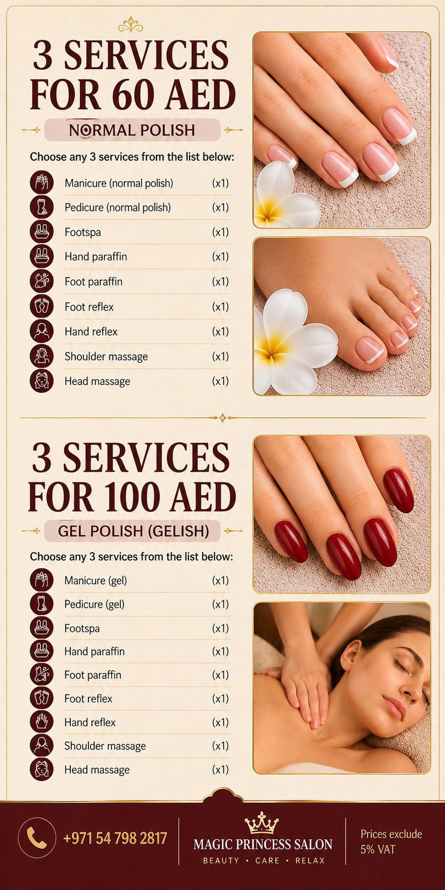 Choose three services: AED 60 with normal polish or AED 100 with gel polish
