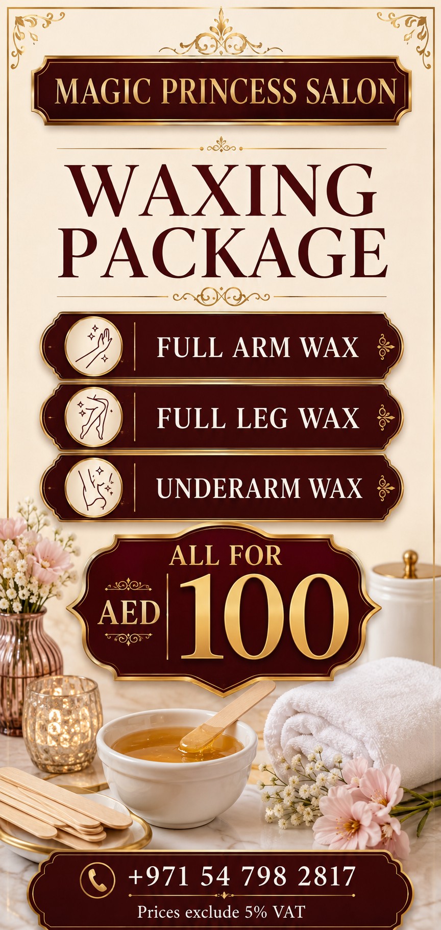 Full arm wax, full leg wax and underarm wax package for AED 100