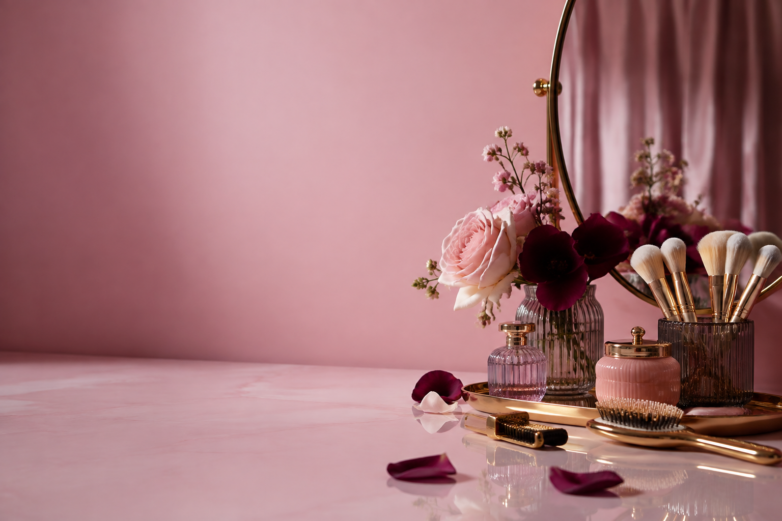 Elegant beauty salon styling with flowers, mirror and beauty tools